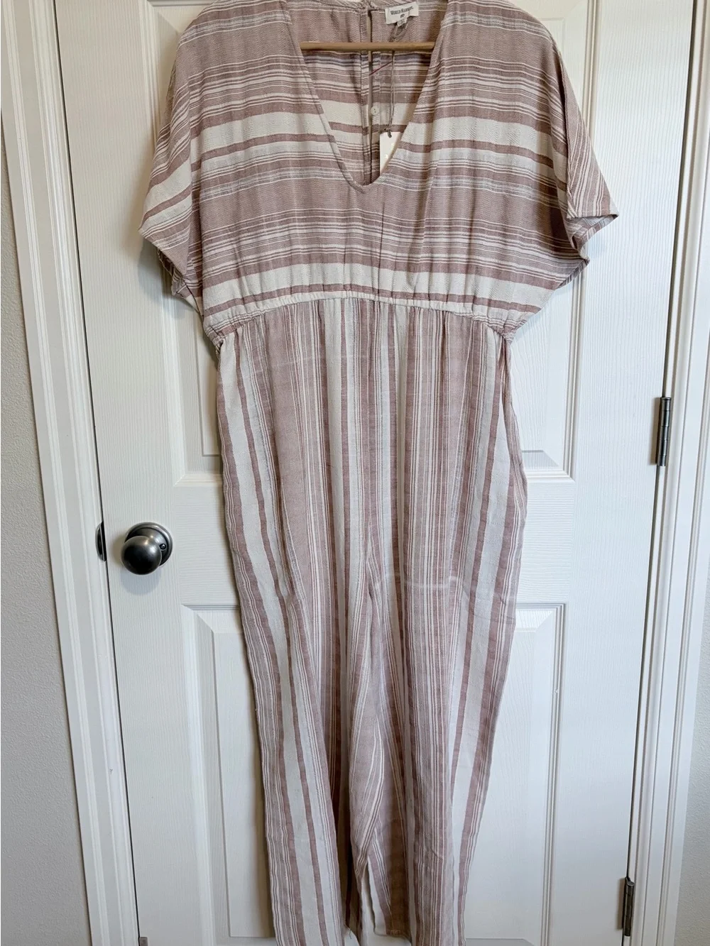 World Market Beige and White Striped Jumpsuit L/XL